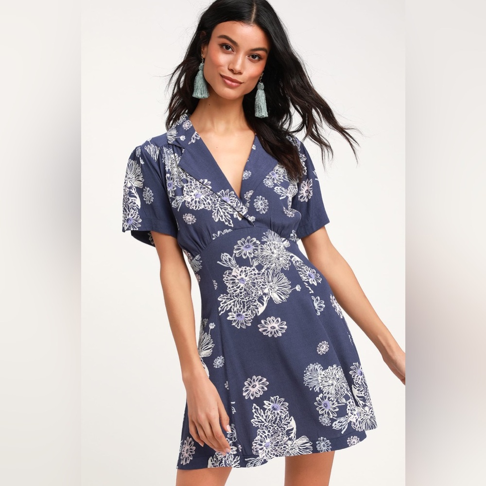 Free People Blue Hawaii Washed Blue Floral Print Short Sleeve Mini Dress